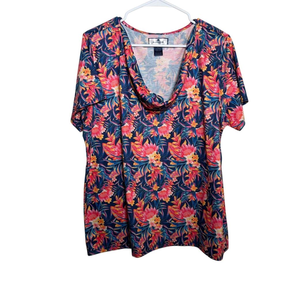 Island Collection Blouse Women's XL Cowl Neck Floral Short Sleeve Boho Artsy Top